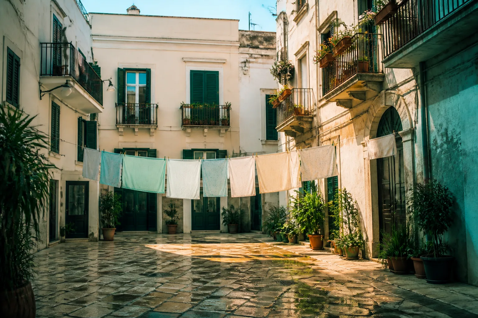 Sunlit residential courtyard with laundry lines, potted plants on balconies, stone paving still damp from morning washing, soft warm light across shuttered windows, 1920x1080